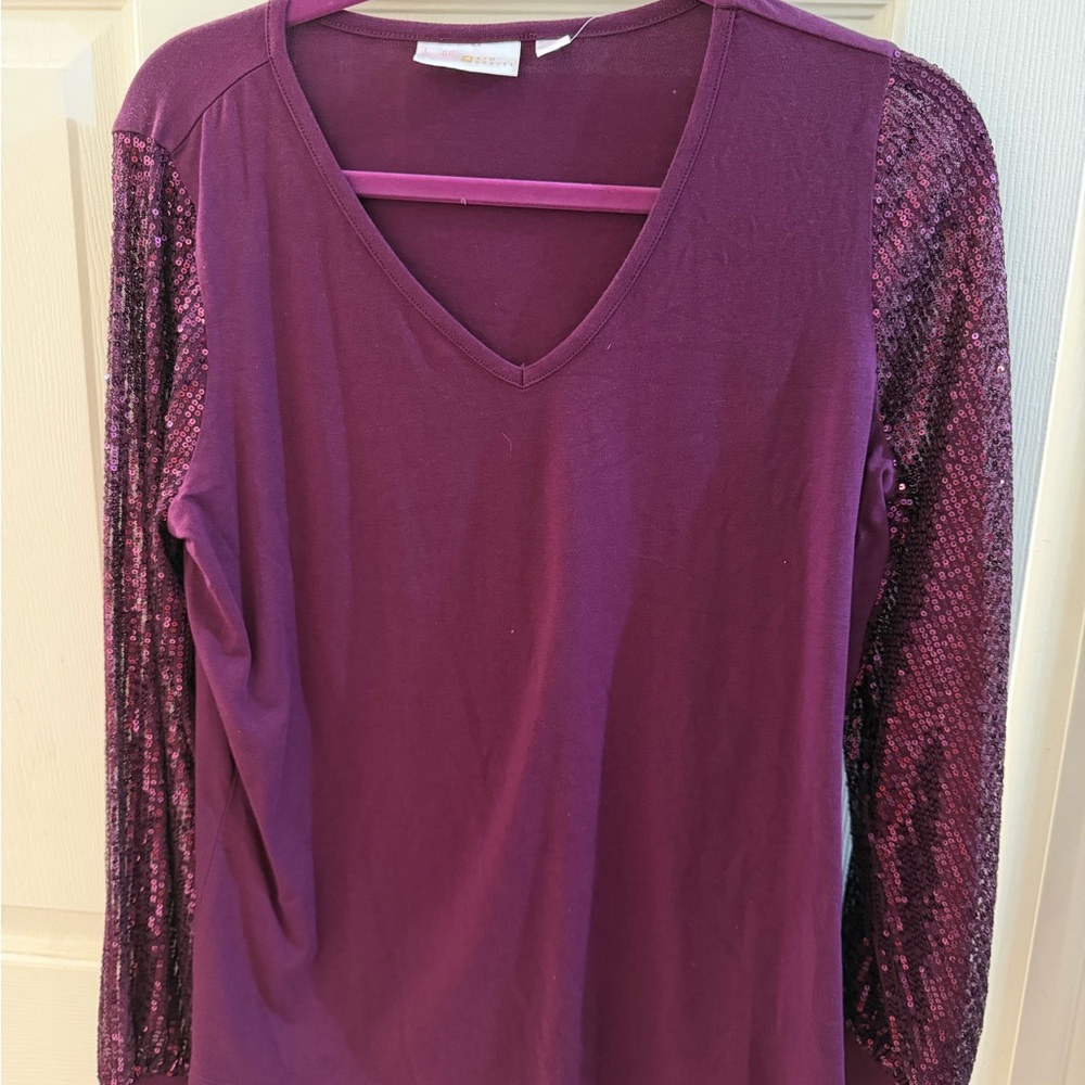 Belle by Kim Gravel V-Neck Top with Sequin Sleeves - Deep Purple